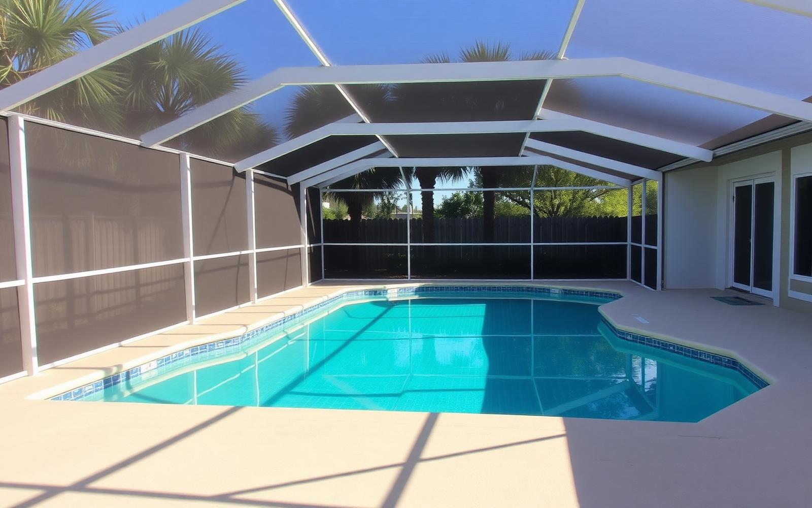 Pool enclosure after rebuild with new taut screen
