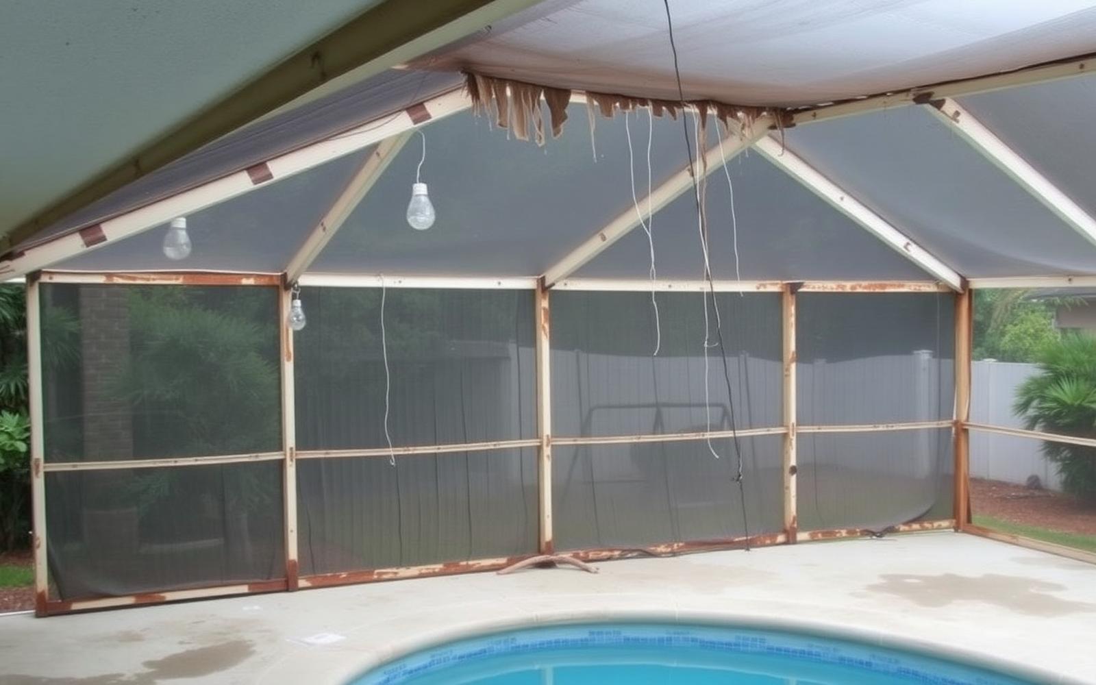 Pool enclosure before rebuild with torn screen