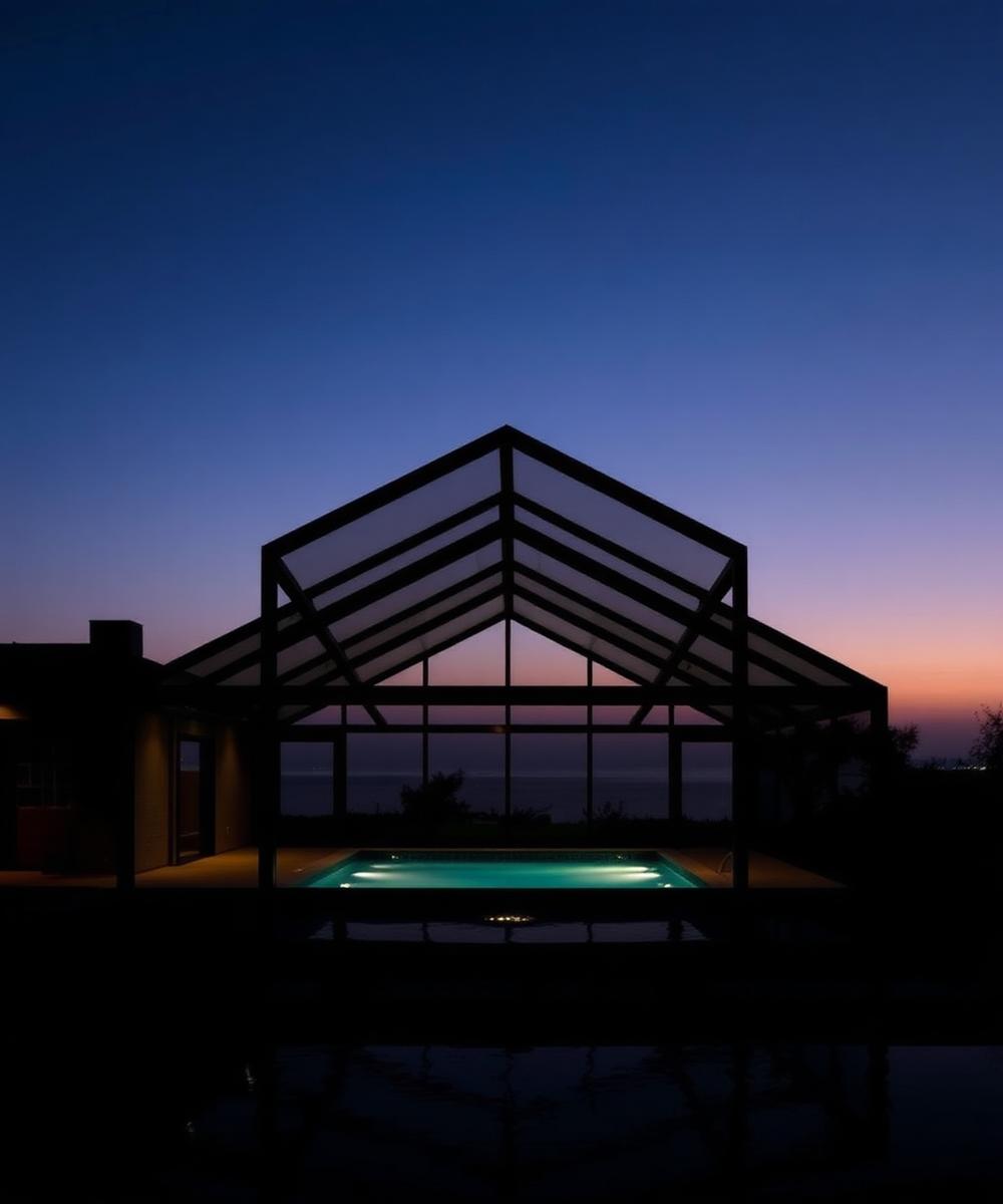Modern pool enclosure silhouette at twilight