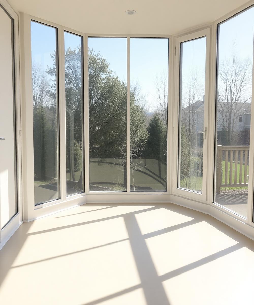 Minimal sunroom interior with glass walls